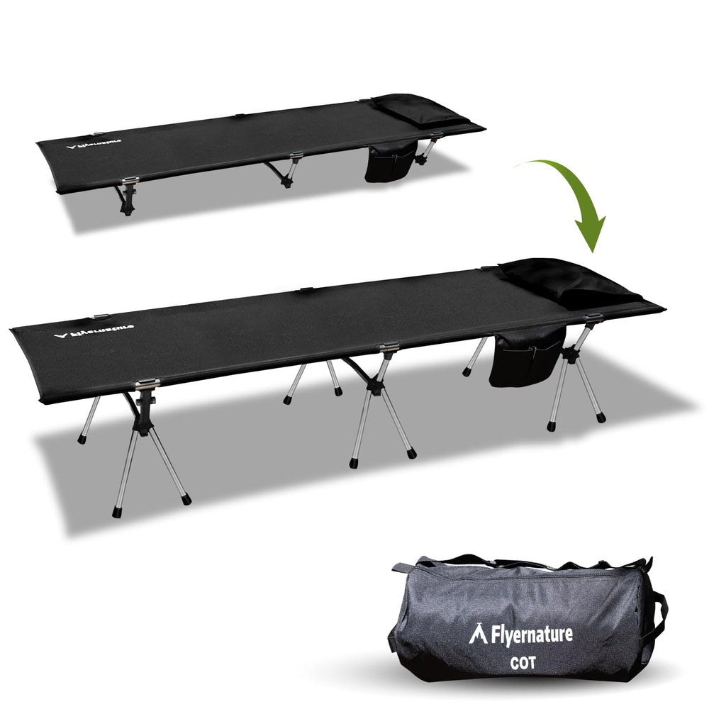 Flyernature ultra-light camping cot folded for easy backpacking portability.