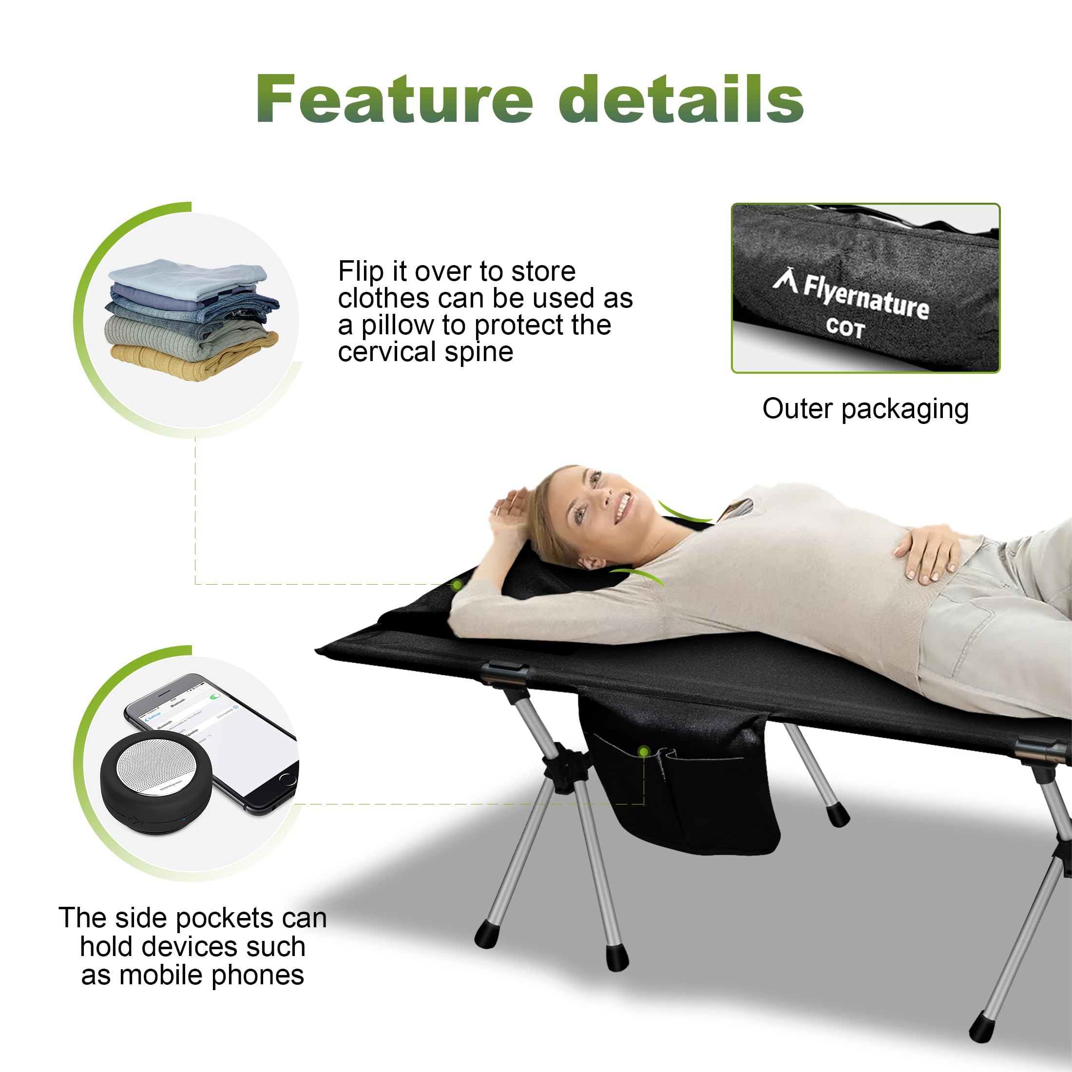 Flyernature ultra-light camping cot with 2-in-1 height adjustment for versatile sleeping height.