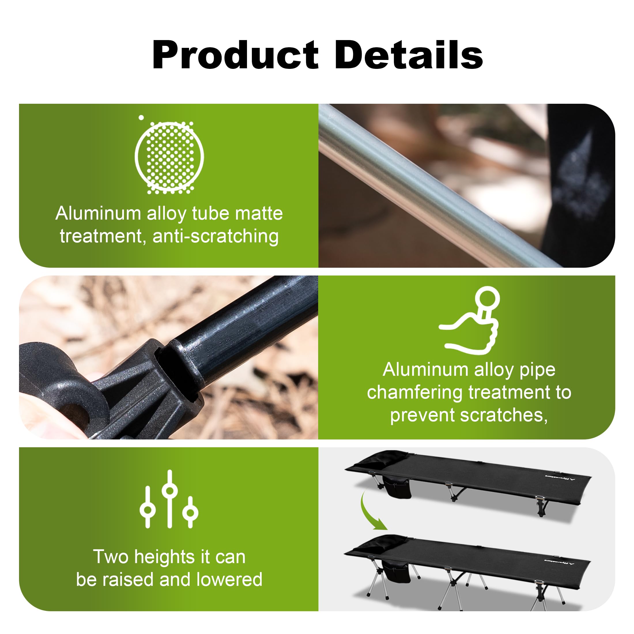 Flyernature ultra-light camping cot on stable legs for uneven ground stability.