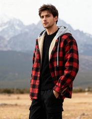 Flygo flannel shirt jacket redblack XXL hood detail adds extra wind protection.
