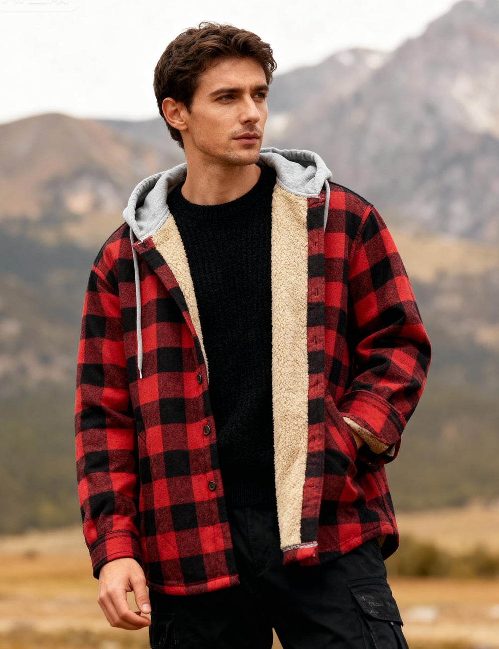 Flygo flannel shirt jacket redblack XXL plaid pattern ideal for casual everyday wear.
