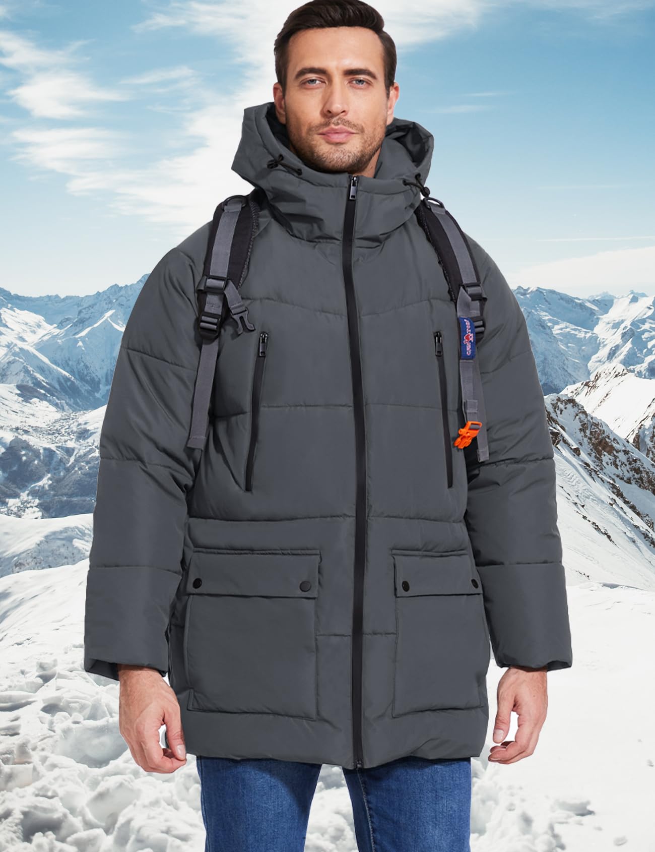 Flygo men's long parka care-wash illustrates easy maintenance after outdoor sessions.