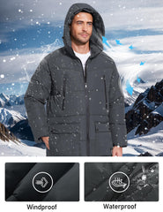 Flygo men's long parka hood drawstring shows adjustable warmth for windy days.