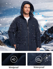 Flygo men's long parka navy hooded back view emphasizes full-coverage warmth