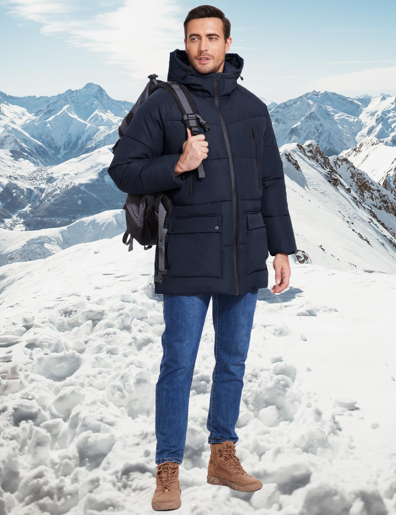 Flygo men's long parka navy interior zip pocket for valuables