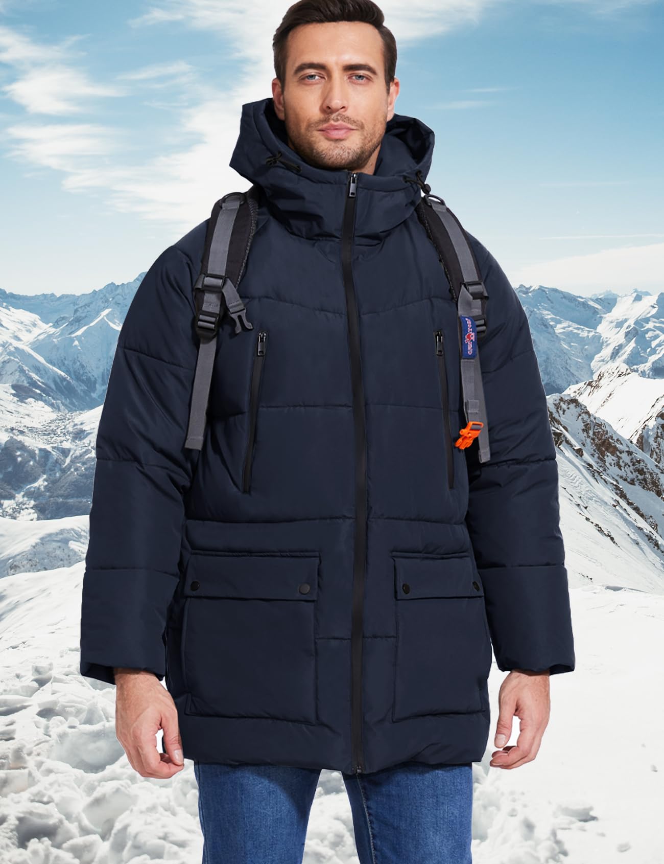 Flygo men's long parka navy mid-length offers core warmth