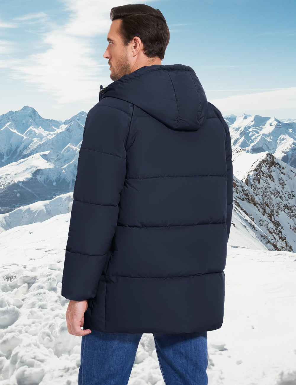 Flygo men's long parka navy water-resistant fabric keeps you dry