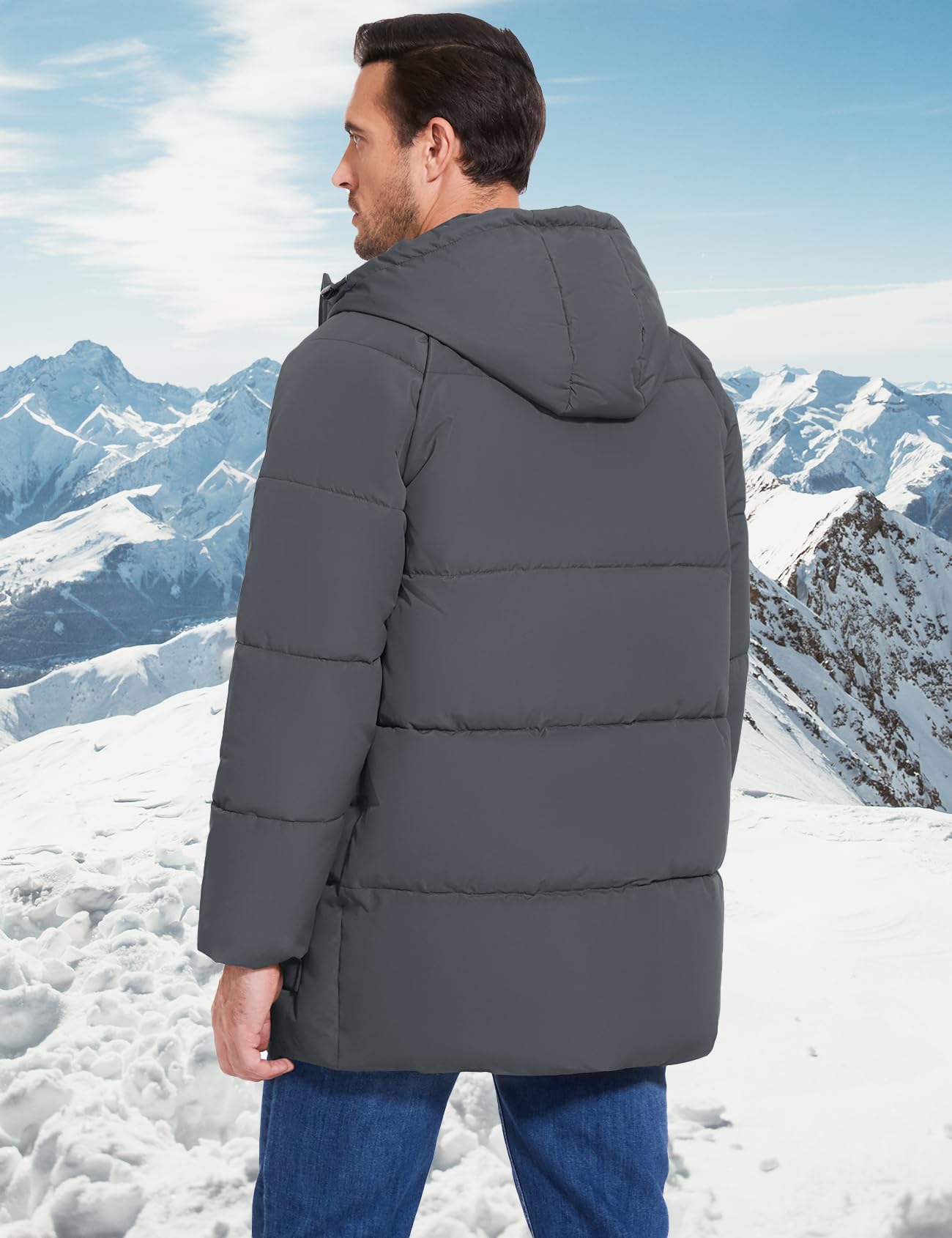 Flygo men's long parka stand collar focuses warmth around the neck in cold conditions.