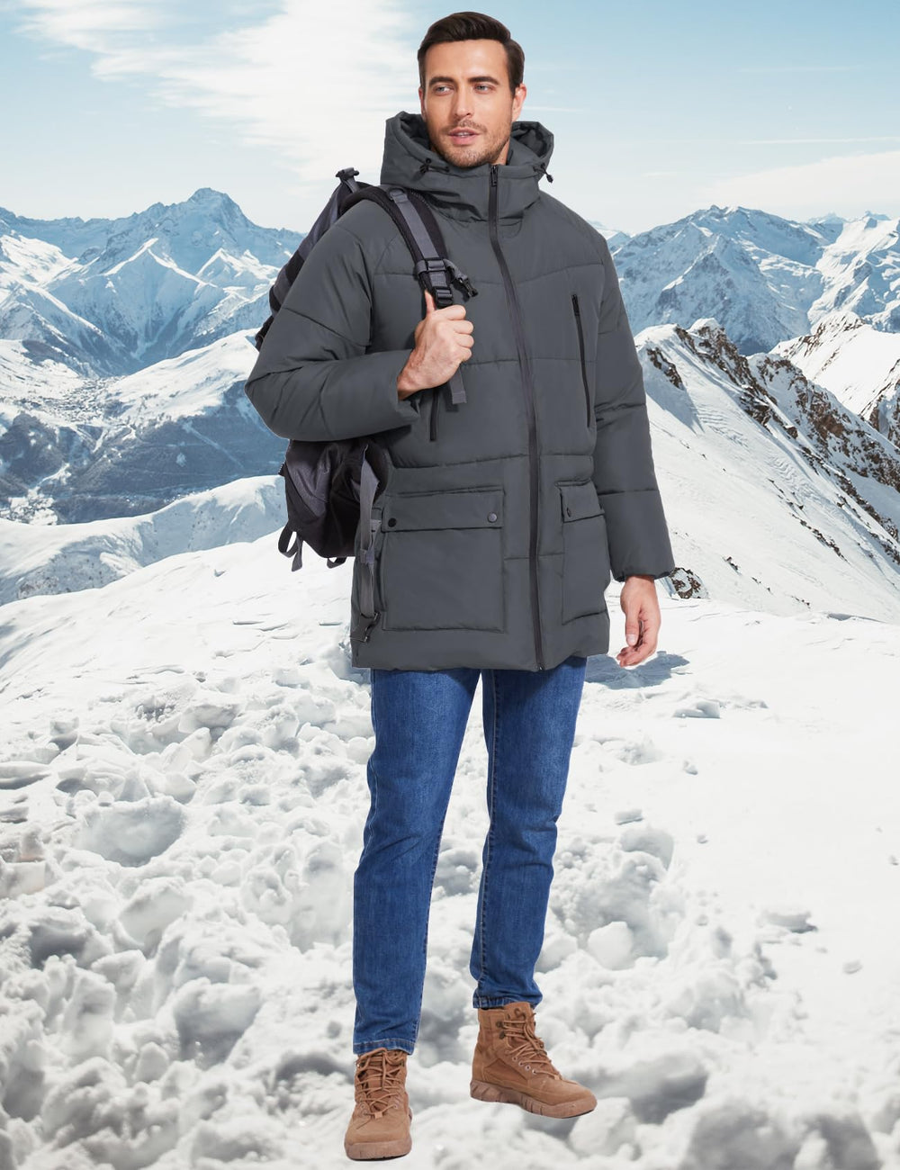 Flygo men's long parka winter-activity-use captures versatile wear for skiing or commuting.