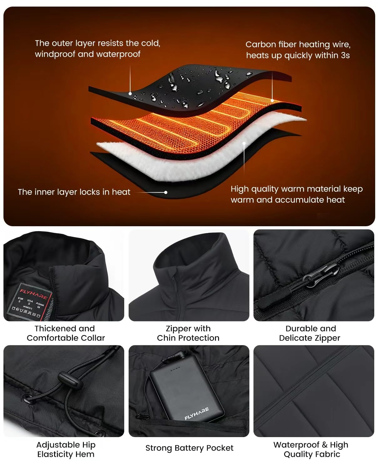 Flyhare heated vest zip-pocket detail highlights practical storage during outdoor trips