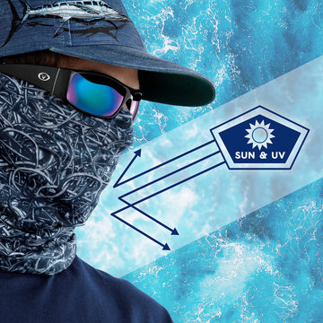Flying Fisherman SunBandit blue packable neck gaiter for dusty windy days.