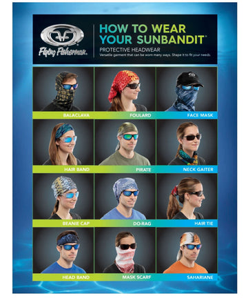 Flying Fisherman SunBandit blue worn under helmet for moisture-wicking comfort on the trail.