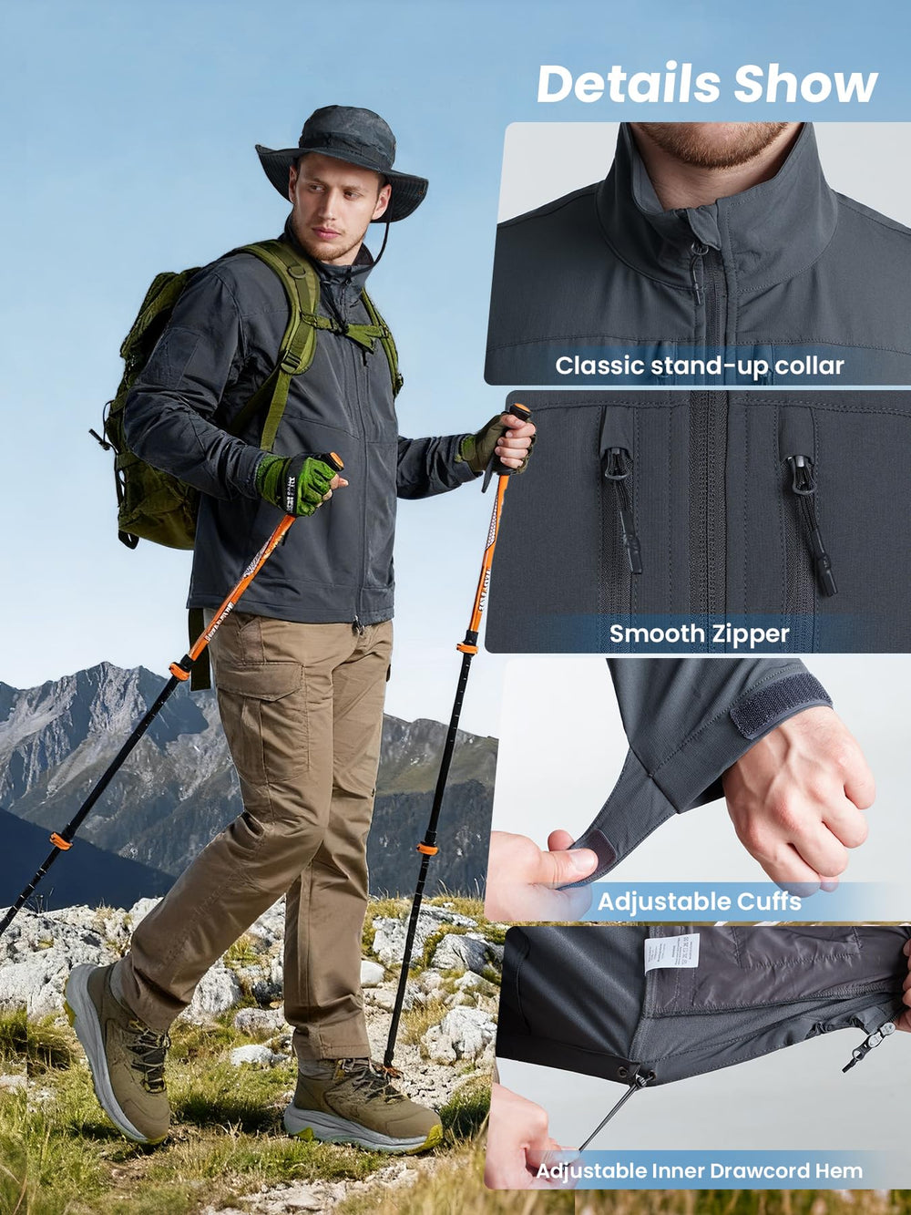 Flyplus men's lightweight waterproof jacket in multiple colors highlights style options and weather readiness.