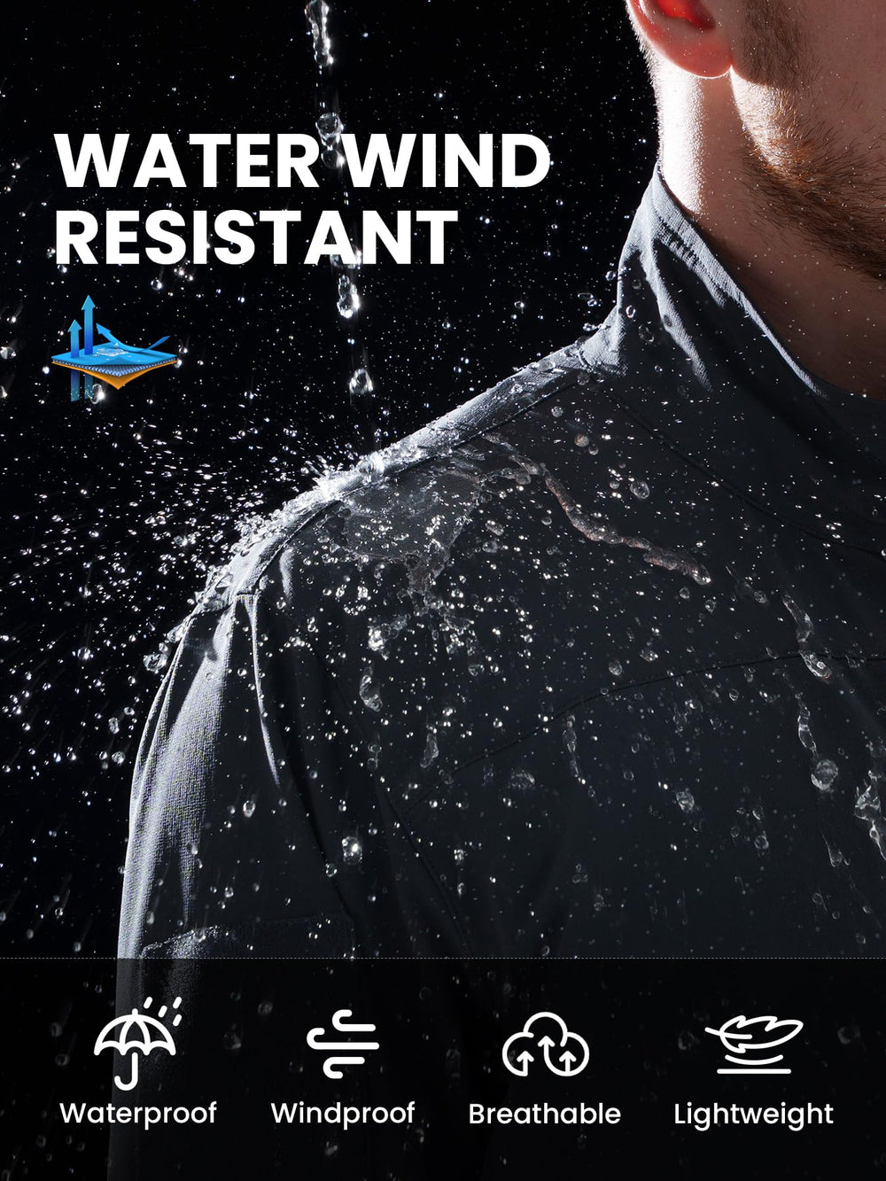 Flyplus men's lightweight waterproof jacket worn outdoors in forest demonstrates versatile casual use.