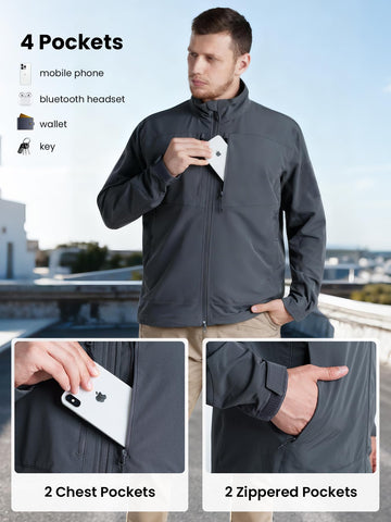 Flyplus men's lightweight waterproof jacket packed beside a backpack illustrates packability for travel.