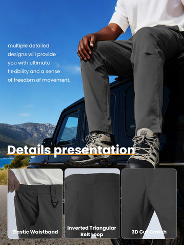 Flyplus men's tactical cargo pants DWR coating closeup signals weather-ready performance.