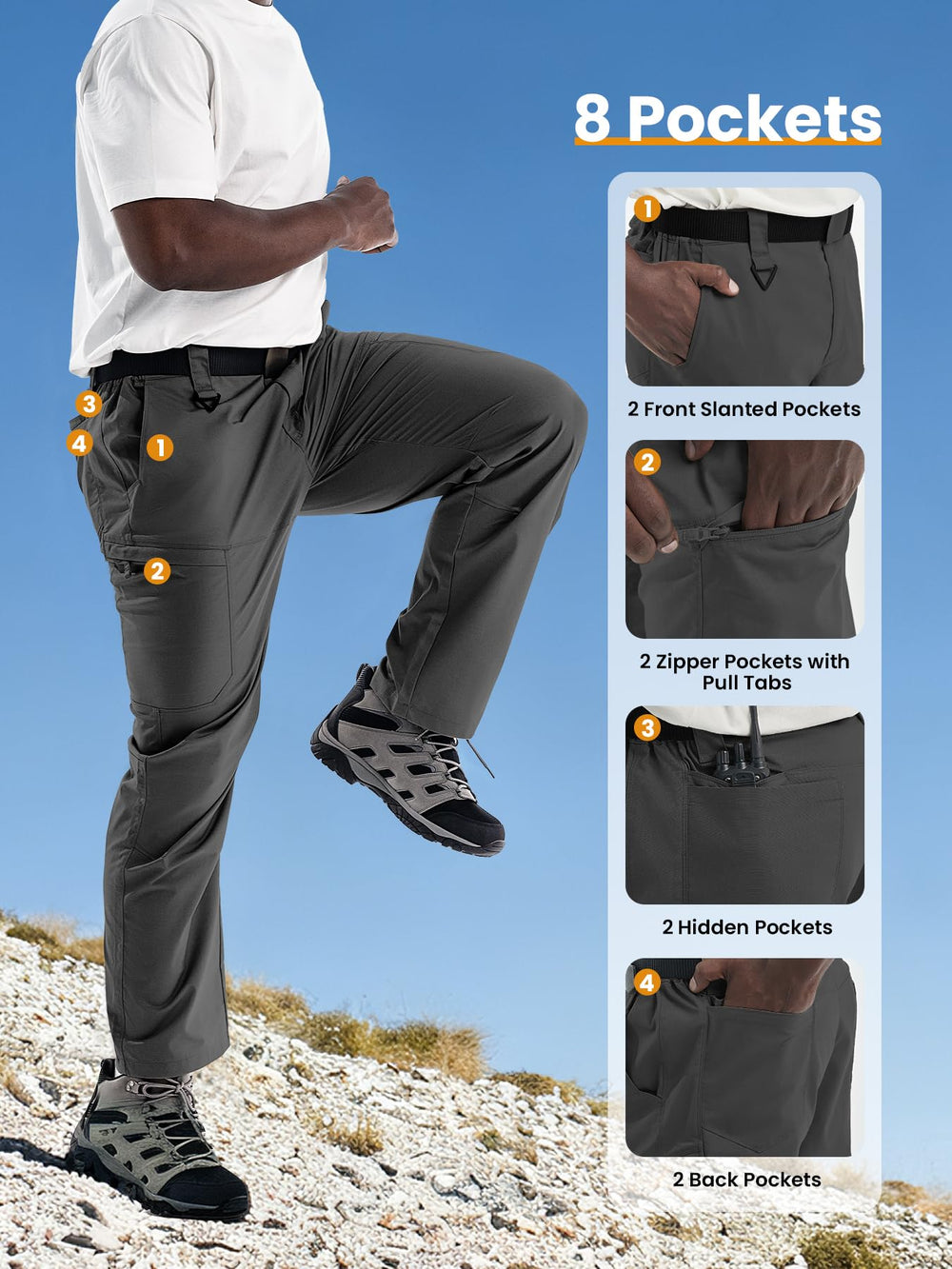 Flyplus men's tactical cargo pants stretch fabric closeup emphasizes flexibility.
