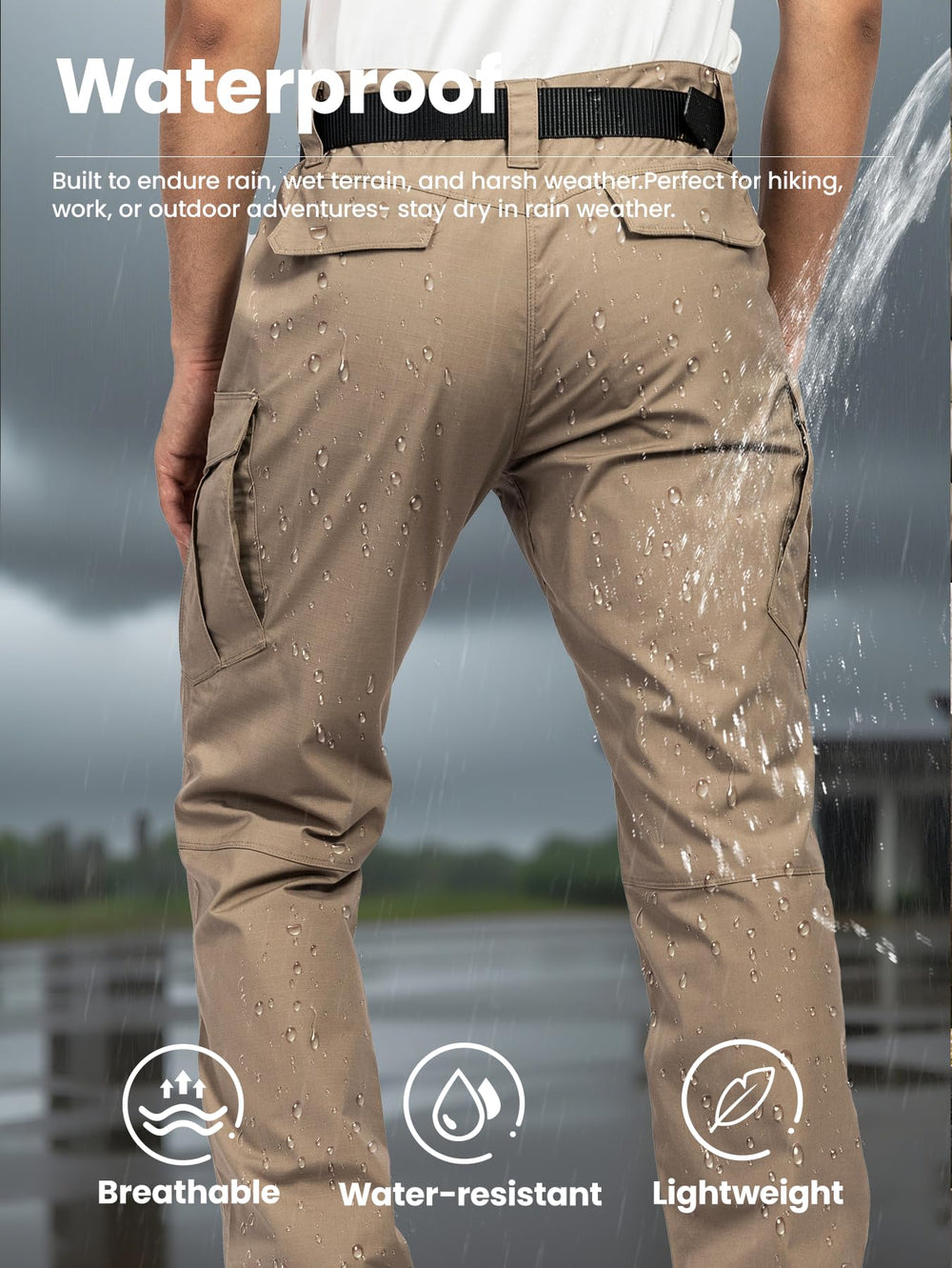 Flyplus tactical pants side pocket view highlights the eight-pocket design for gear organization.