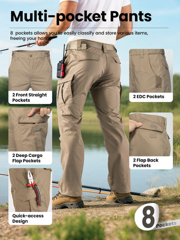 Flyplus pants show water-repellent finish shedding light rain for outdoor use.