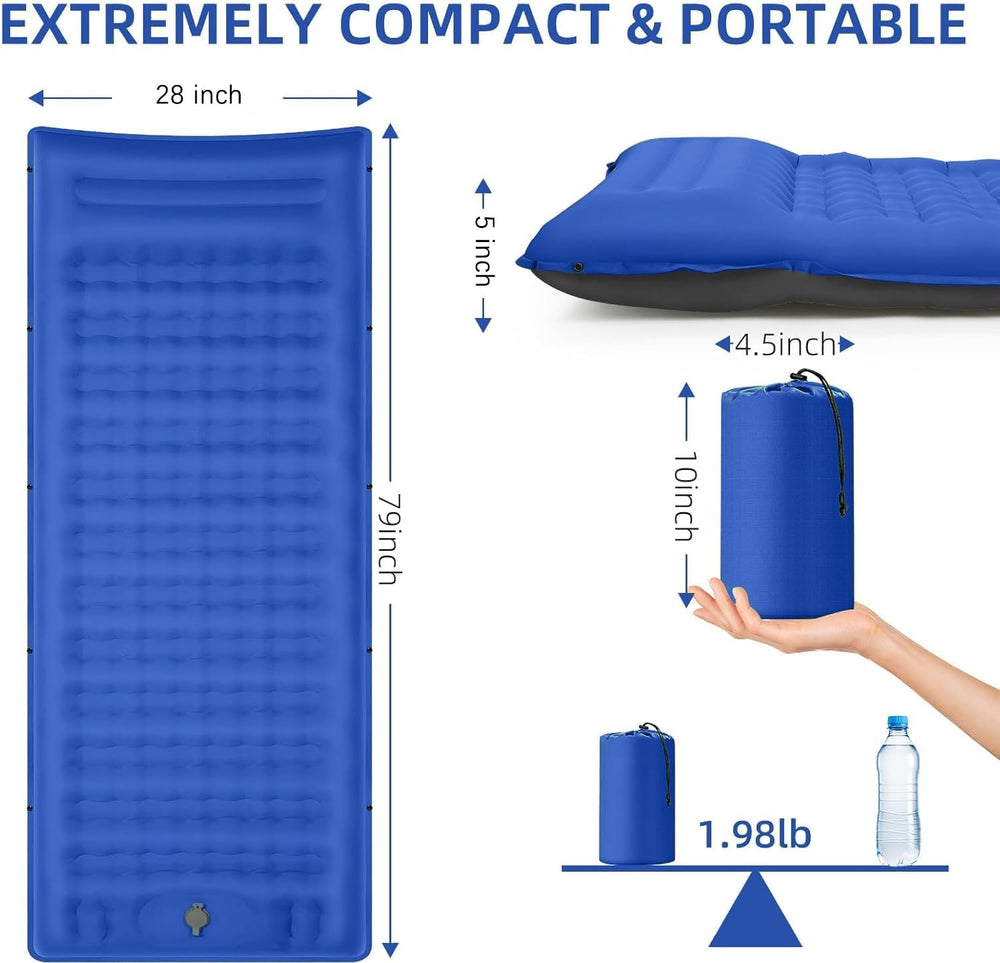 FNARMW camping pad shows built-in foot pump for quick campsite inflation.