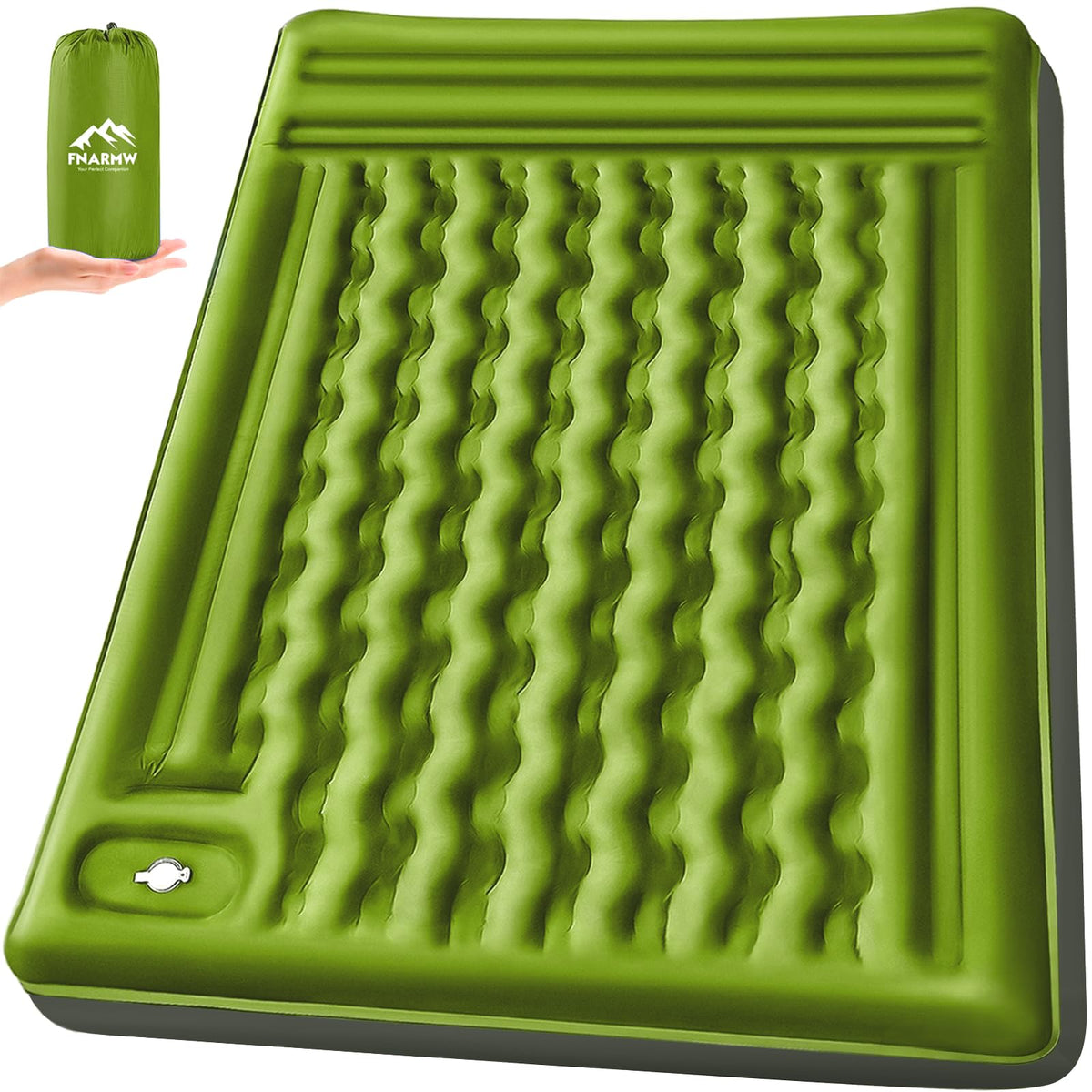 FNARMW double sleeping pad fully inflated side view showing 6 inch thickness for comfort