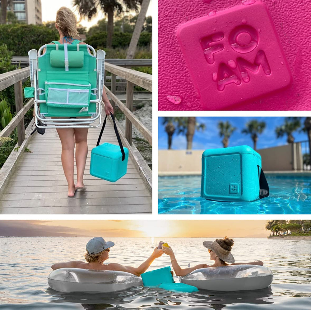 FOAM Hybrid EVA Day Cooler floating on water emphasizes buoyant cooling on beach days.