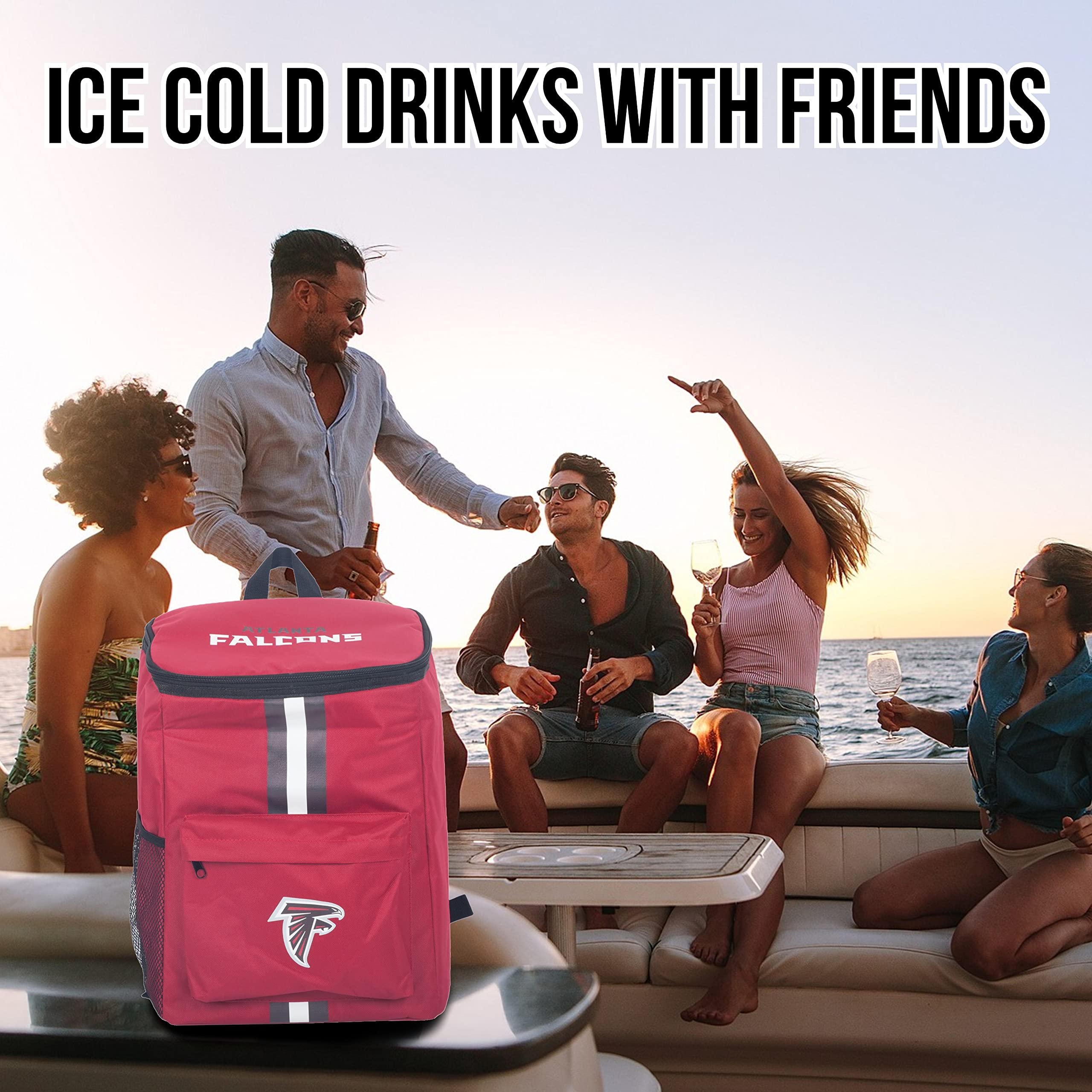 FOCO Atlanta Falcons cooler backpack adjustable straps for comfortable carry.