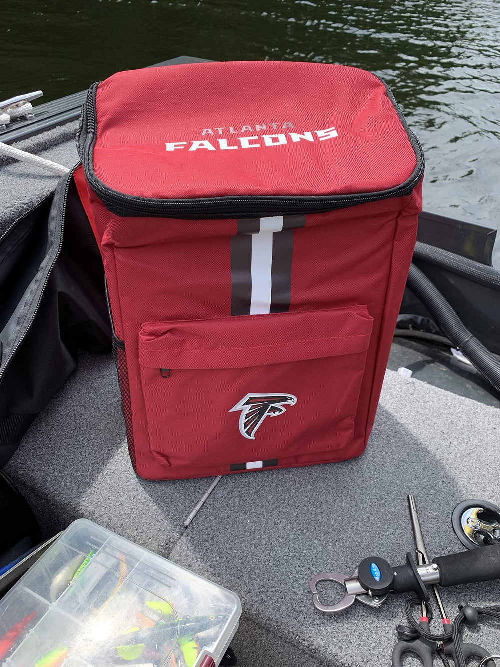 FOCO Atlanta Falcons cooler backpack side pocket highlights extra storage.