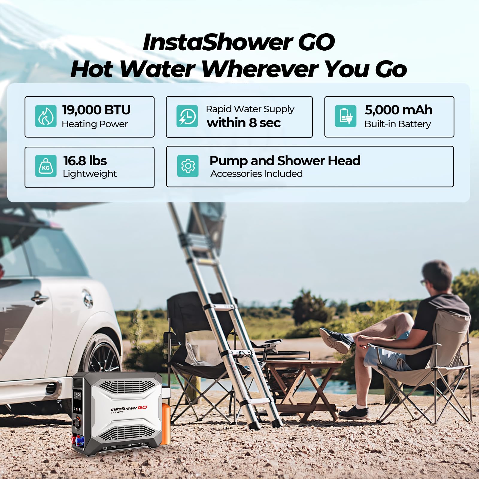 FOGATTI InstaShower GO reaches 125°F max with safe temperature control.