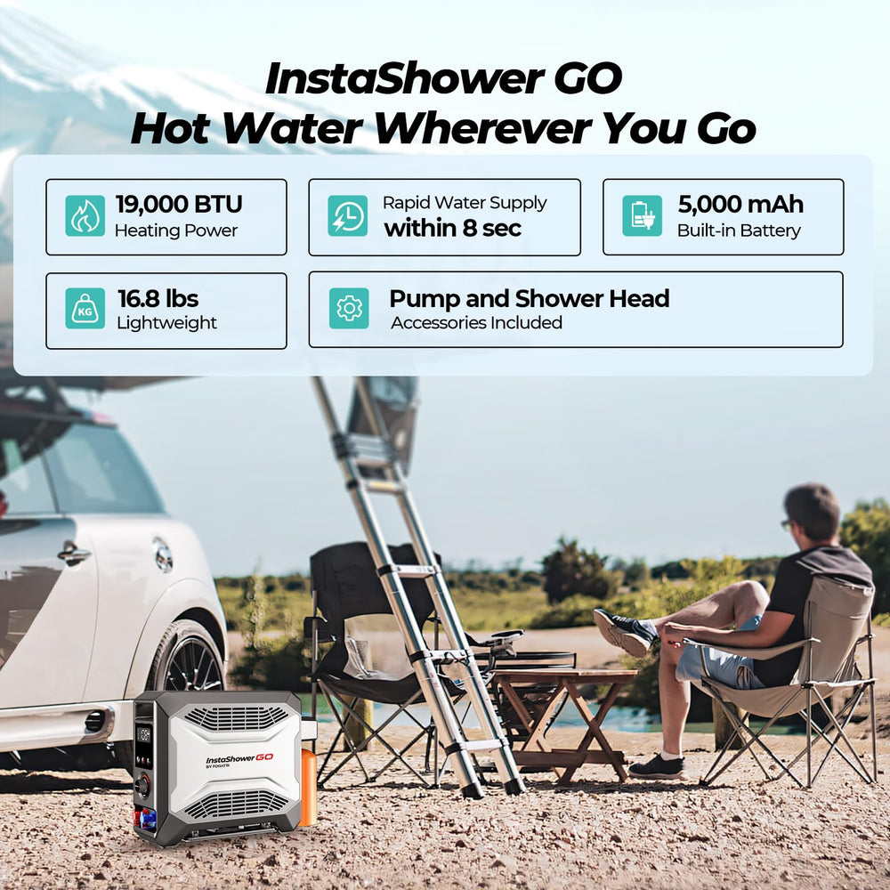 FOGATTI InstaShower GO reaches 125°F max with safe temperature control.