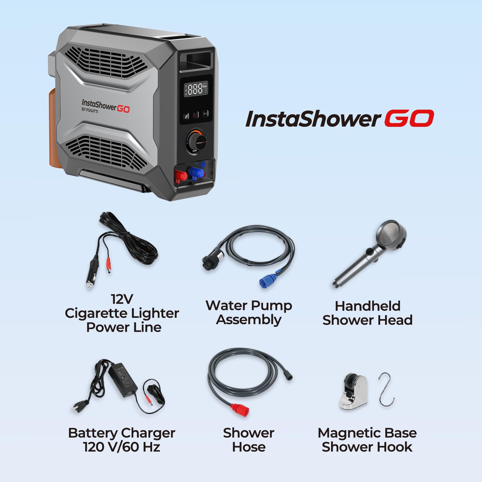 FOGATTI InstaShower GO 12v-pump provides steady water pressure for showering.