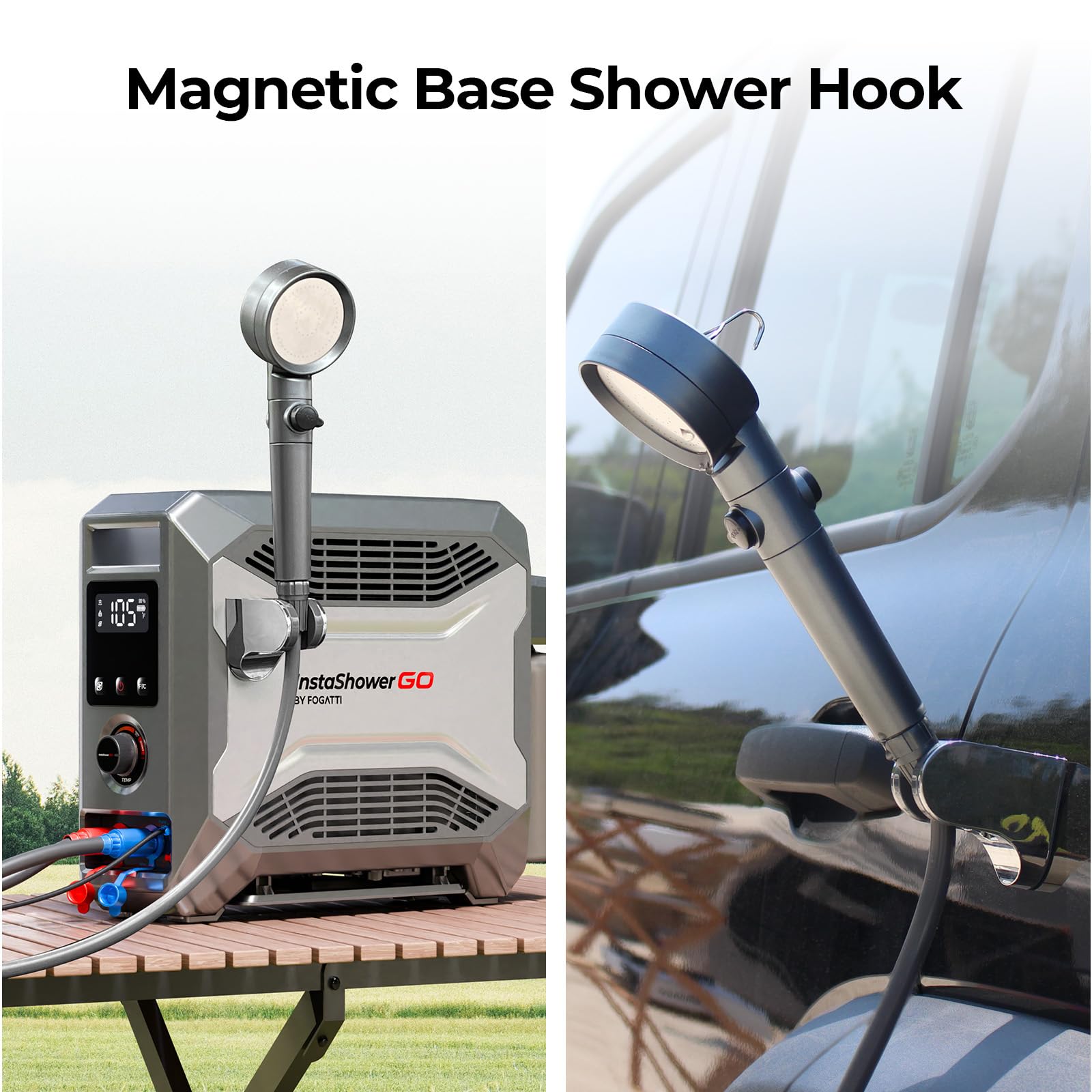 FOGATTI InstaShower GO off-grid-shower illustrates camping convenience without power outlets.