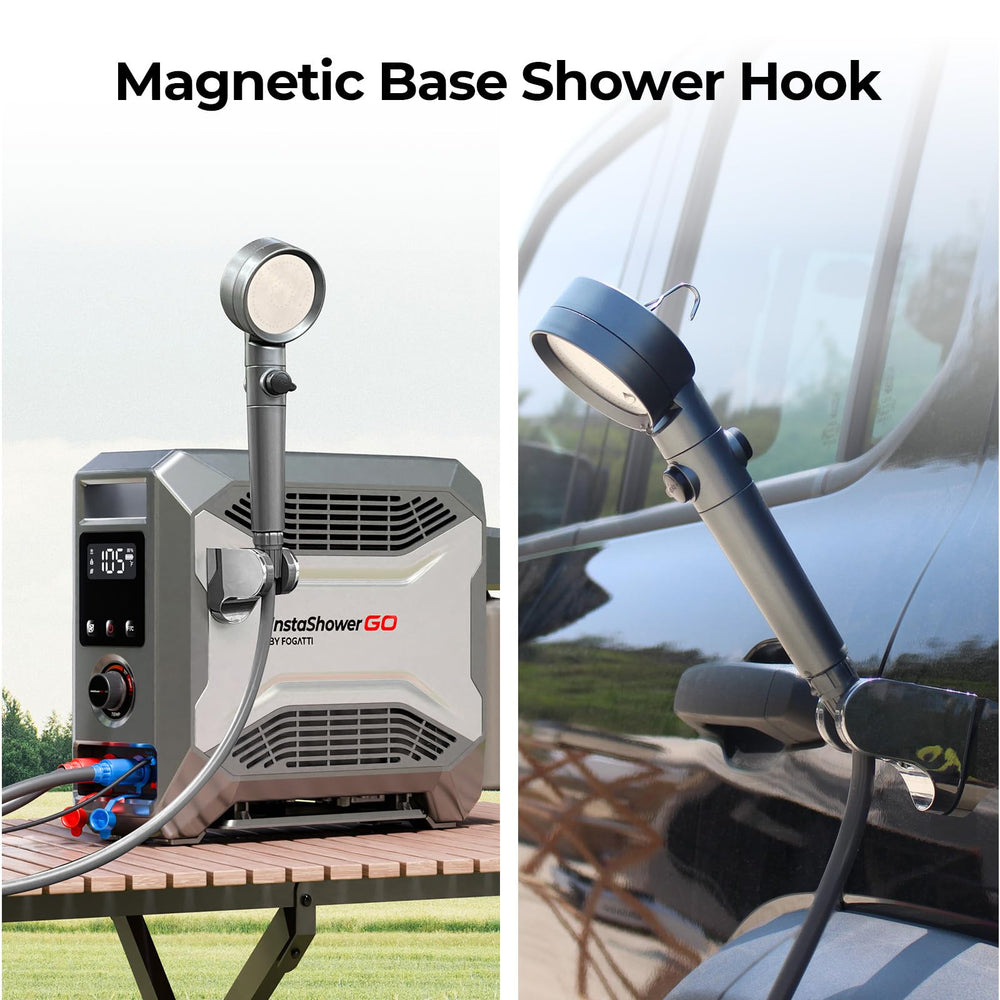 FOGATTI InstaShower GO off-grid-shower illustrates camping convenience without power outlets.