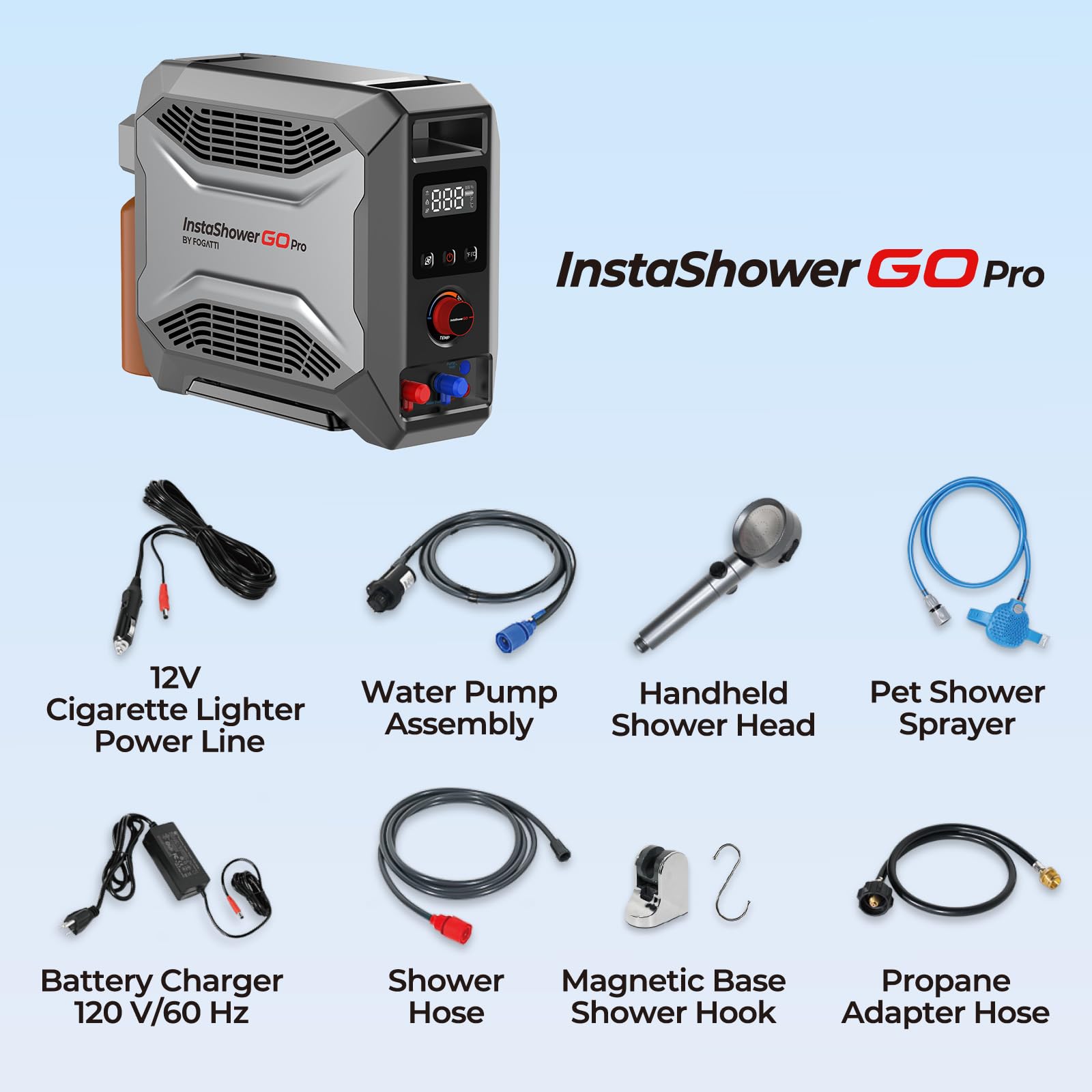 FOGATTI InstaShower GO Pro built-in 5000mAh battery powers off-grid showers up to 80 minutes