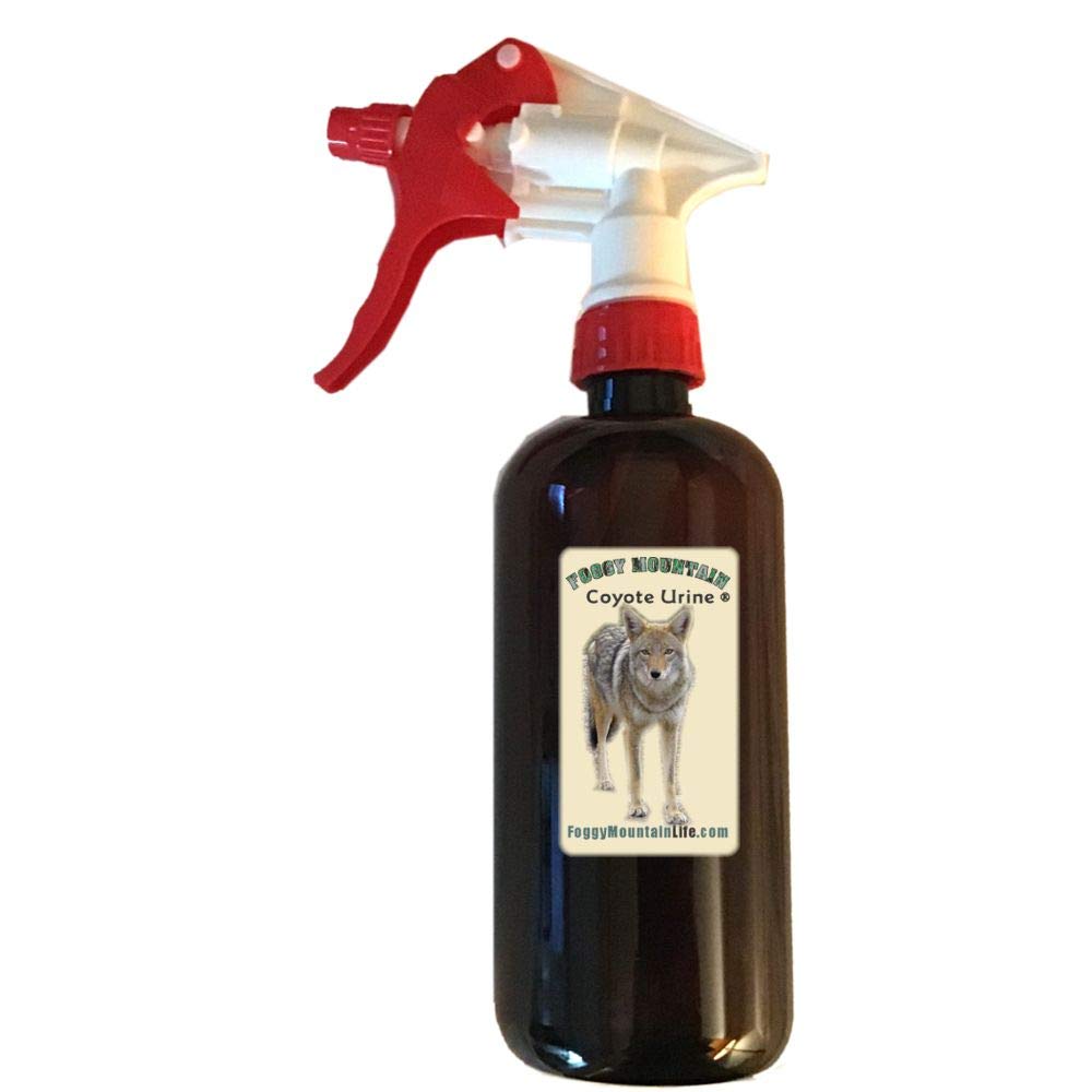 Foggy Mountain Coyote Urine 16oz bottle shown with spray, signaling predator presence for wildlife management.