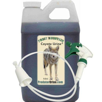 Foggy Mountain Coyote Urine 64oz bottle with sprayer for outdoor predator management.