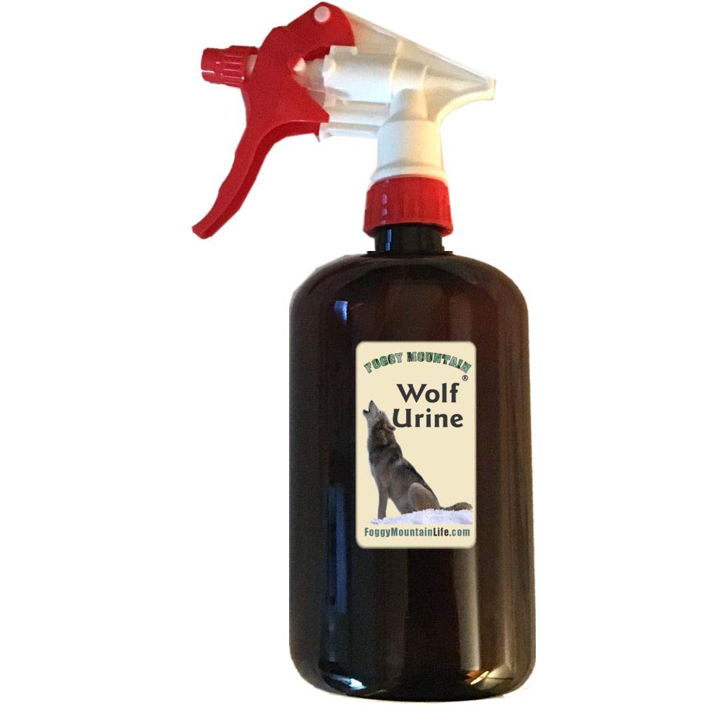 Foggy Mountain Wolf Urine bottle 32oz ready for outdoor wildlife deterrence.