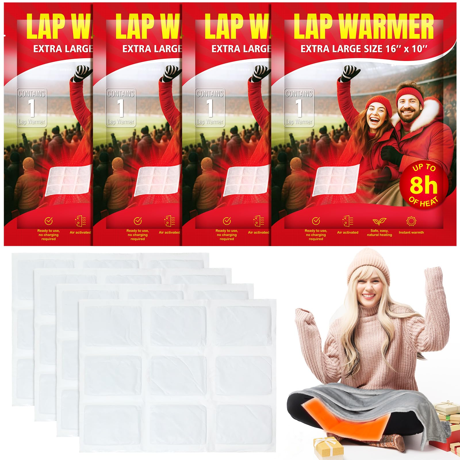 Foilswirl lap warmers four-pack package ready for portable outdoor warmth
