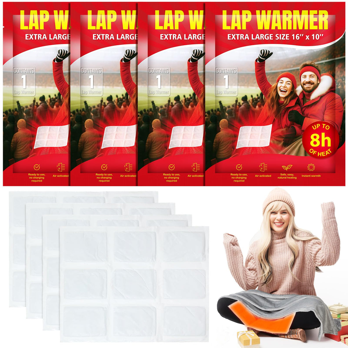 Foilswirl lap warmers four-pack package ready for portable outdoor warmth
