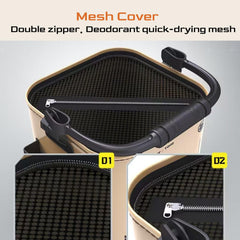 Ergonomic carrying handle on foldable fishing bucket
