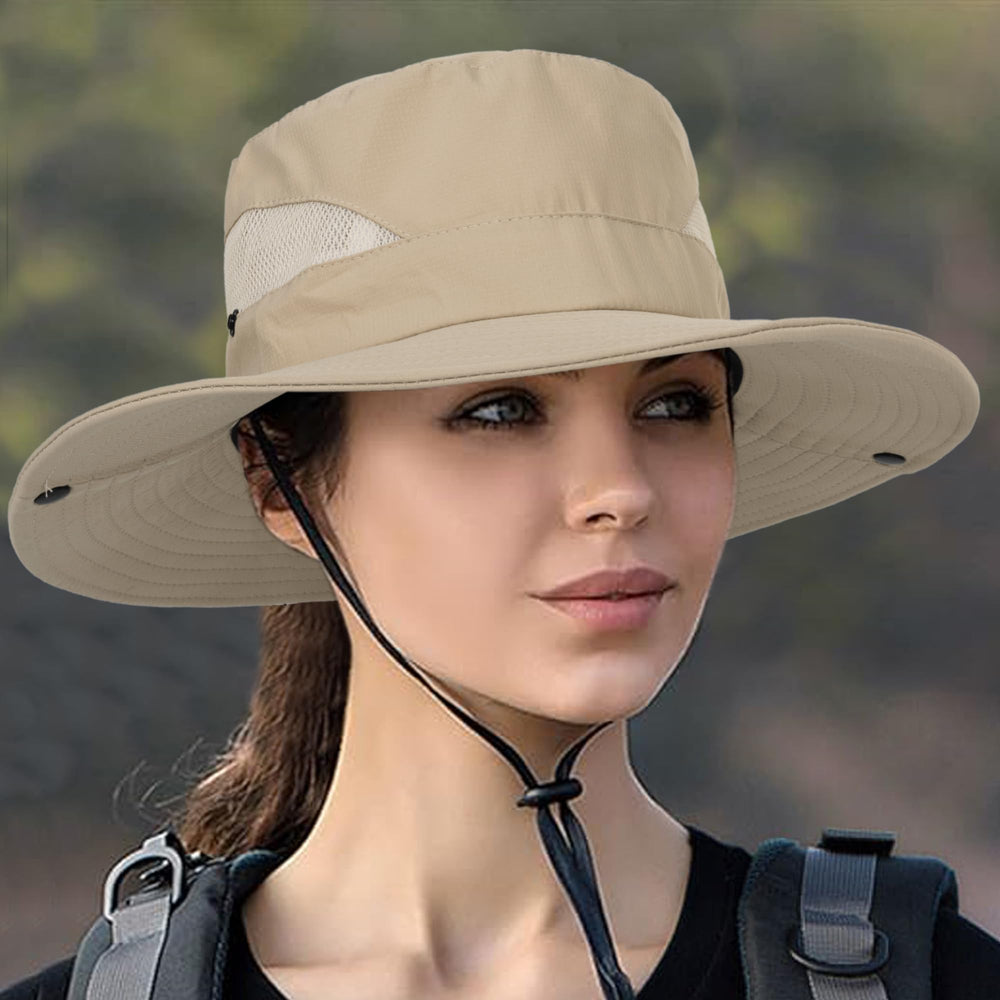 Adjustable strap detail on the dark beige safari bucket hat