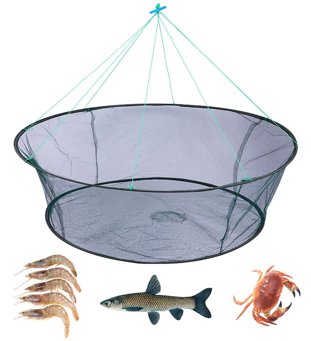 Foldable fishing net 40 inch nylon minnow trap opened at top.