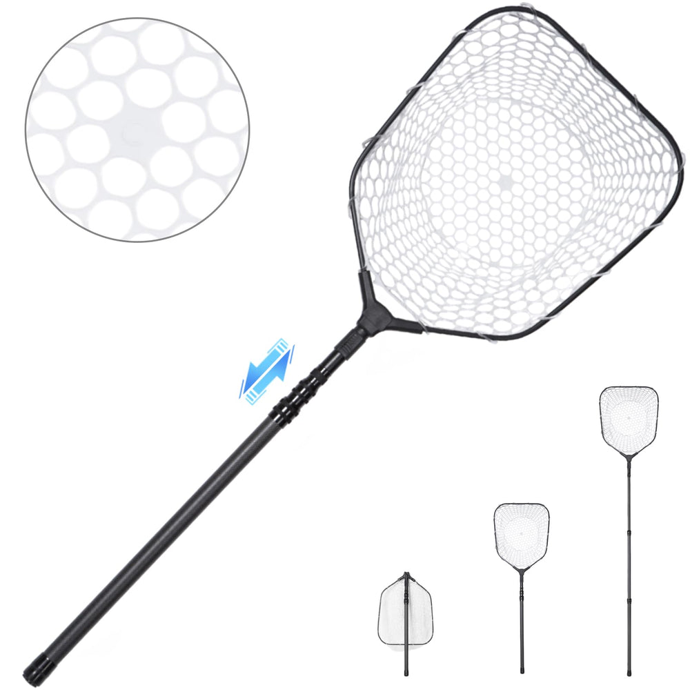 Foldable long fishing landing net with carbon fiber handle and rubber netting (hero image)