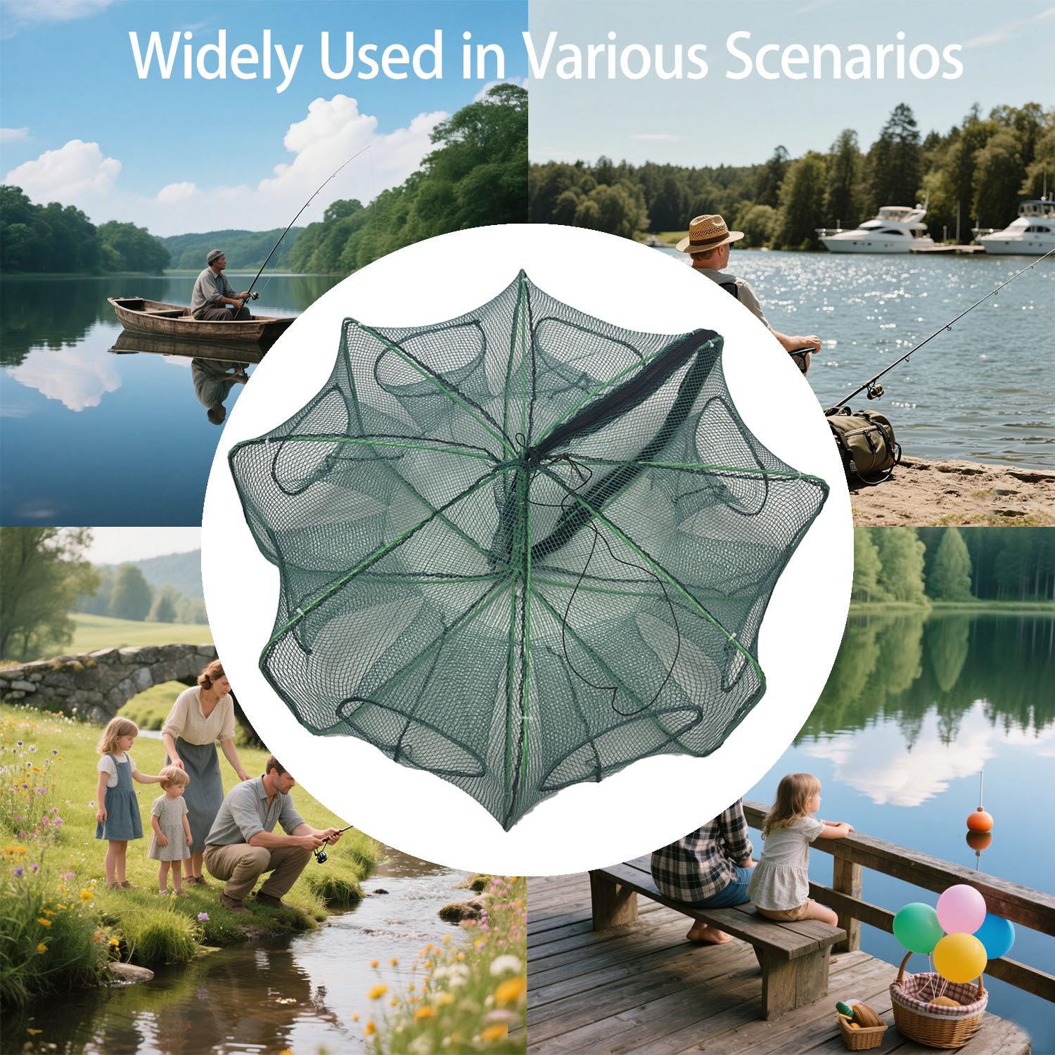 Trap placed in water catching minnows, crabs, shrimp and small fish