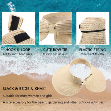 Beige foldable straw sun visor with bow tie