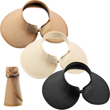 Black foldable straw sun visor with bow tie