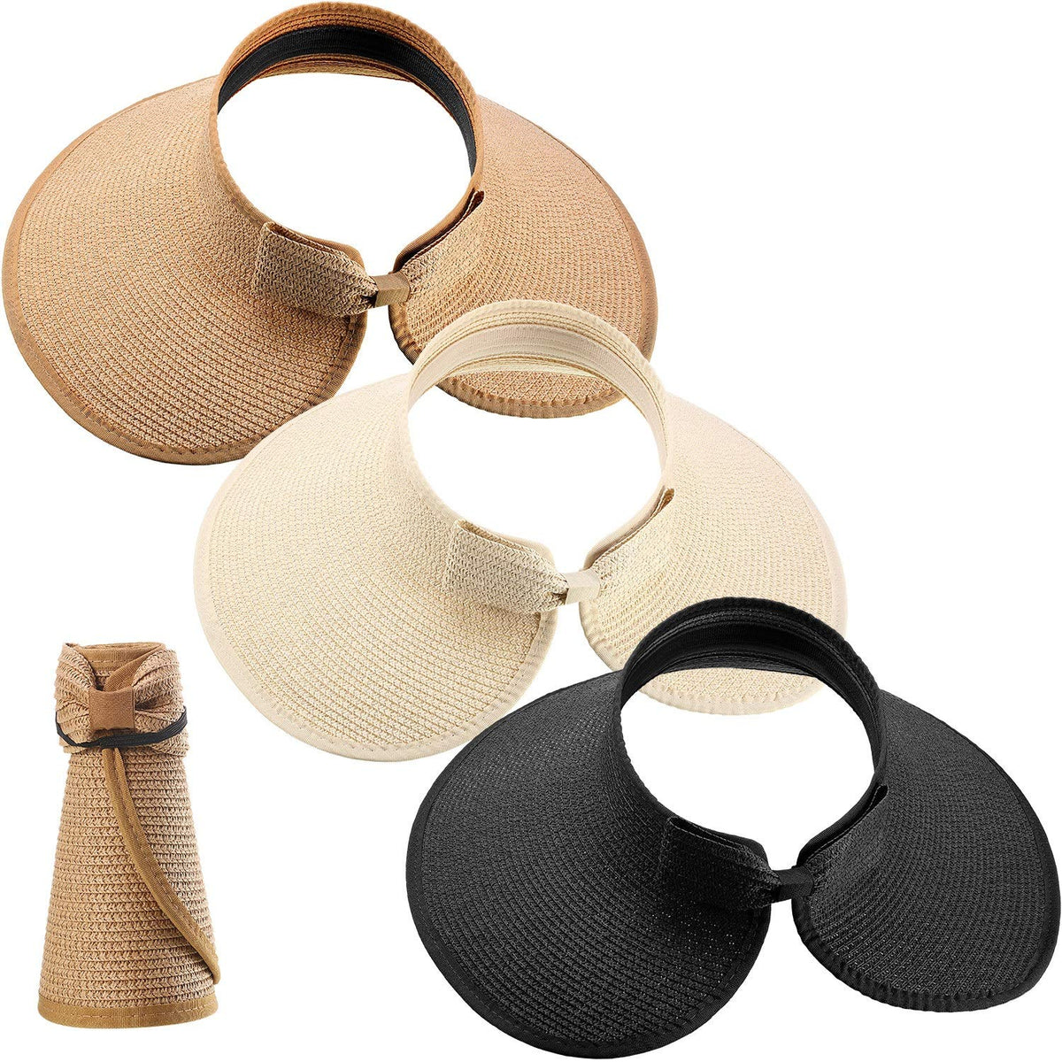Black foldable straw sun visor with bow tie