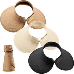 Black foldable straw sun visor with bow tie