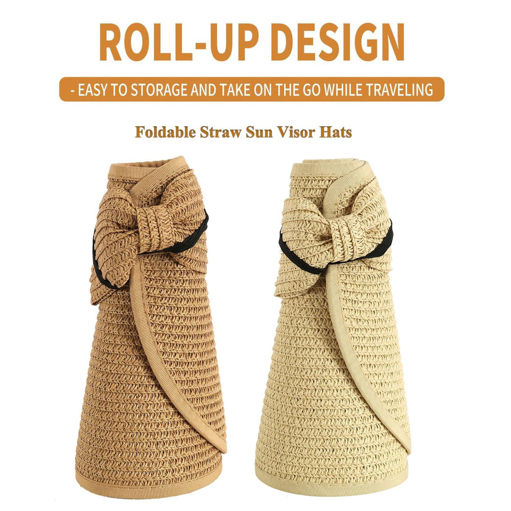 Foldable straw sun visor hat in beige color