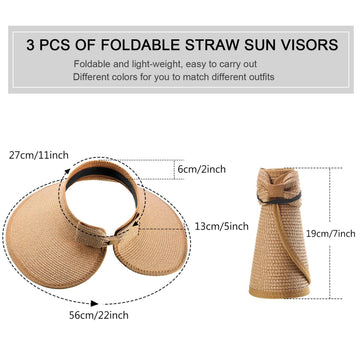 Khaki foldable straw sun visor with bow tie